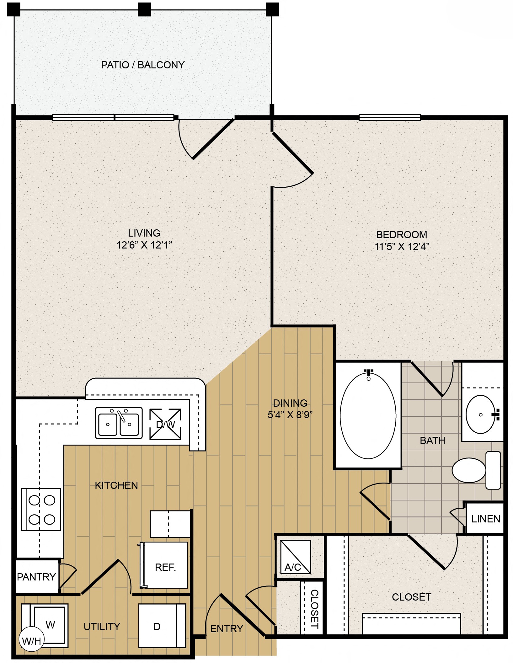 Floor plan for 1 bed, 1 bath, 676 sqft